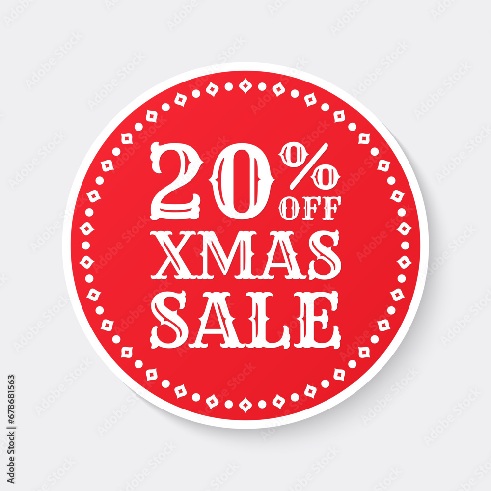 20% off. Xmas sale label, sticker or icon. Christmas discount banner. 20 percent price off sign, logo or circle badge design. Vector illustration.
