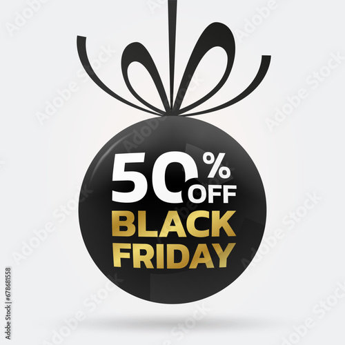 50% off. Black Friday sale tag, label or badge with ribbon bow. 50 percent price off 3d discount ball design. Promotion, marketing background or banner template. Vector illustration.