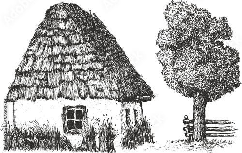 Ancient traditional village house or cottage. Old hut in hand drawn sketch style. Vintage art composition outdoor nature. Vector illustration.