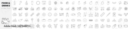 Set of linear food and drink icons. Thin outline icons pack. Vector illustration