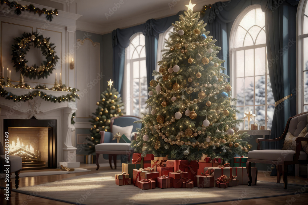 Christmas interior. Glowing fireplace, hearth, tree. Gifts and decorations Christmas interior. Glowing fireplace, hearth, tree. Gifts and decorations