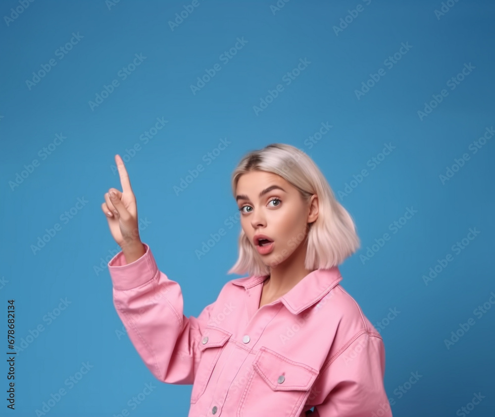 The woman points her finger into the void on the blue background. AI Generated The woman points her finger into the void on the blue background. AI Generated