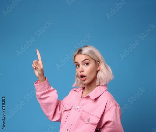 The woman points her finger into the void on the blue background. AI Generated