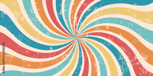 Retro colorful backdrop with bright swirl stripes, groovy background with scuffed texture, old style abstract and empty banner. Vector illustration.