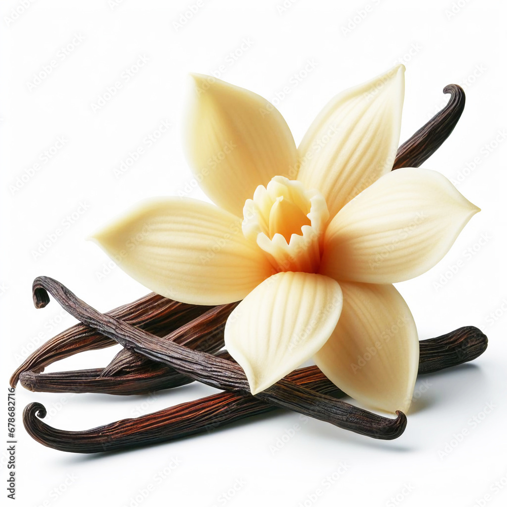 Dried vanilla sticks and orchid vanilla flower isolated on white background. Generative AI. - obrazy, fototapety, plakaty 