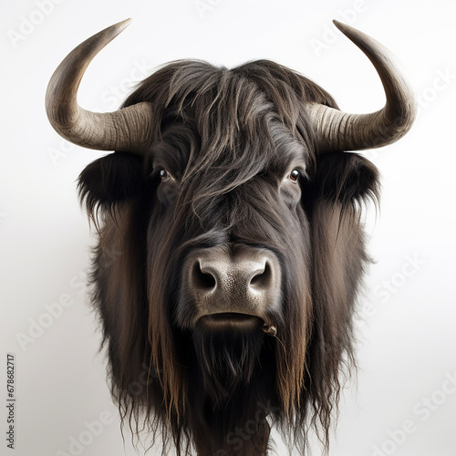 a long haired Yak Buffalo portrayed in studio on a white background tion created with Generative Ai