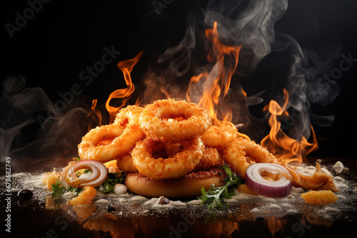 Onion rings on fire background