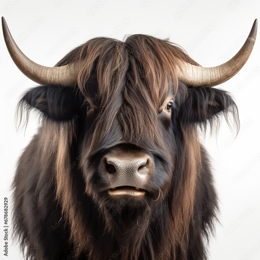 a long haired Yak Buffalo portrayed in studio on a white background tion created with Generative Ai