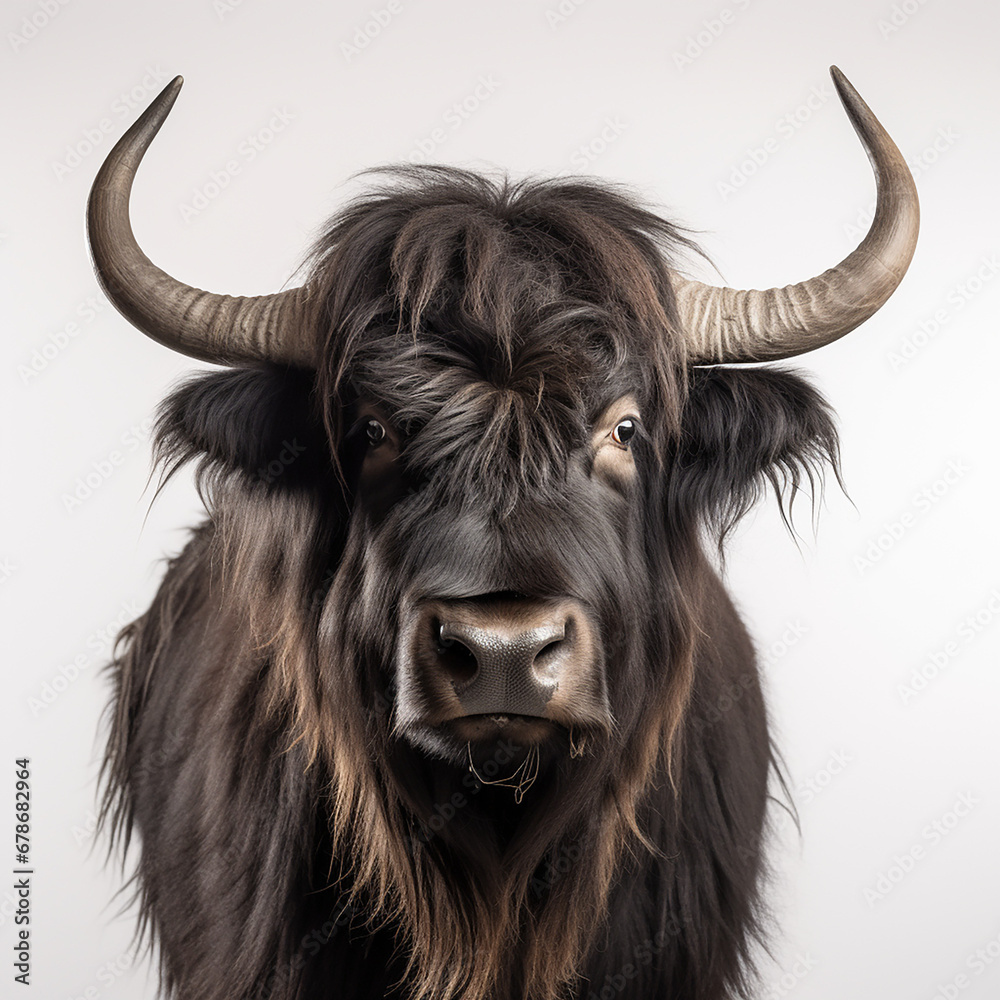 a long haired Yak Buffalo portrayed in studio on a white background tion created with Generative Ai