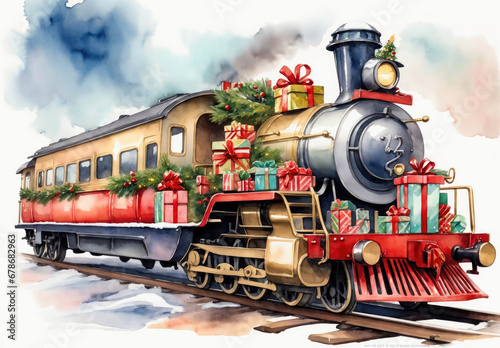Watercolor style christmas train and postcard style. Merry christmas and happy new year concept