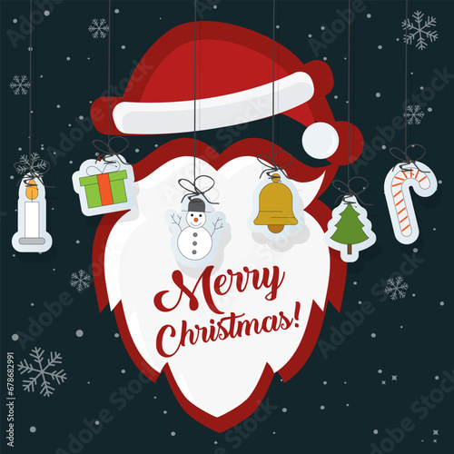 Postcard, Merry Christmas! Holiday design, Hat and beard, Santa Claus, hanging toys, snowflakes, dark background, illustration, vector.