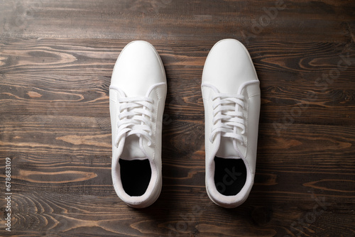 Closeup view of clean white sneakers