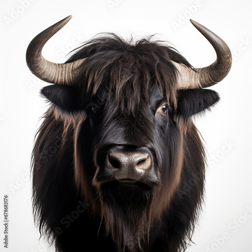 a long haired Yak Buffalo portrayed in studio on a white background tion created with Generative Ai
