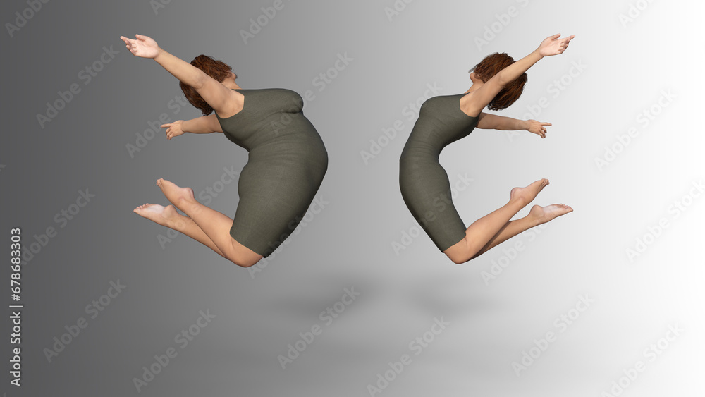Conceptual fat overweight obese female vs slim fit healthy body after weight loss or diet with muscles thin young woman isolated. A 3D illustration metaphor for fitness, nutrition or fatness obesity - obrazy, fototapety, plakaty 