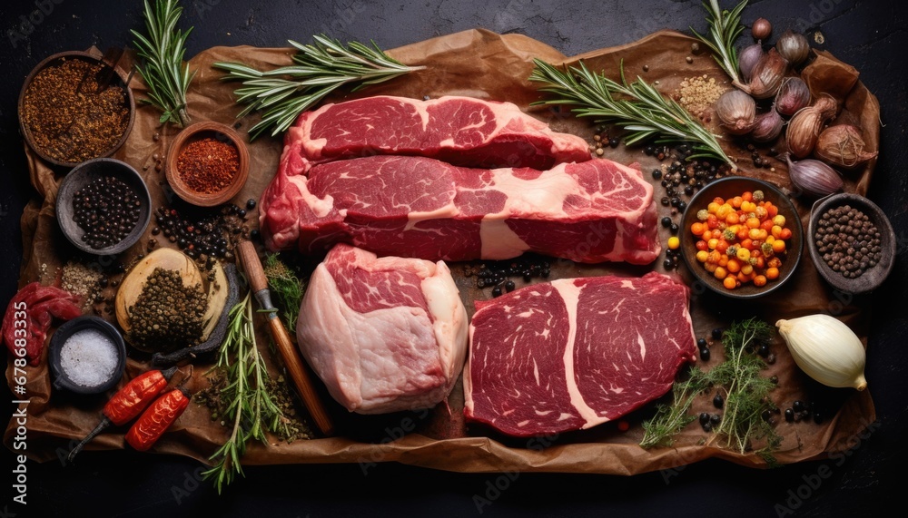 Raw beef steak with spices on a dark slate Raw beef steak with spices on a dark slate