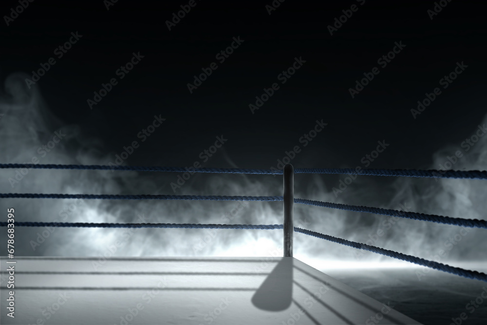 Boxing ring corner surrounded by blue ropes - obrazy, fototapety, plakaty 