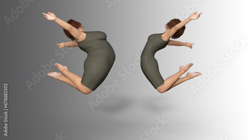 Conceptual fat overweight obese female vs slim fit healthy body after weight loss or diet with muscles thin young woman isolated. A 3D illustration metaphor for fitness, nutrition or fatness obesity photo