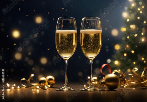 Glasses of champagne or sparkling wine with glitter, serpentine and lights. Merry christmas and happy new year concept