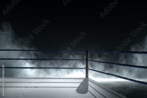 Boxing ring corner surrounded by blue ropes