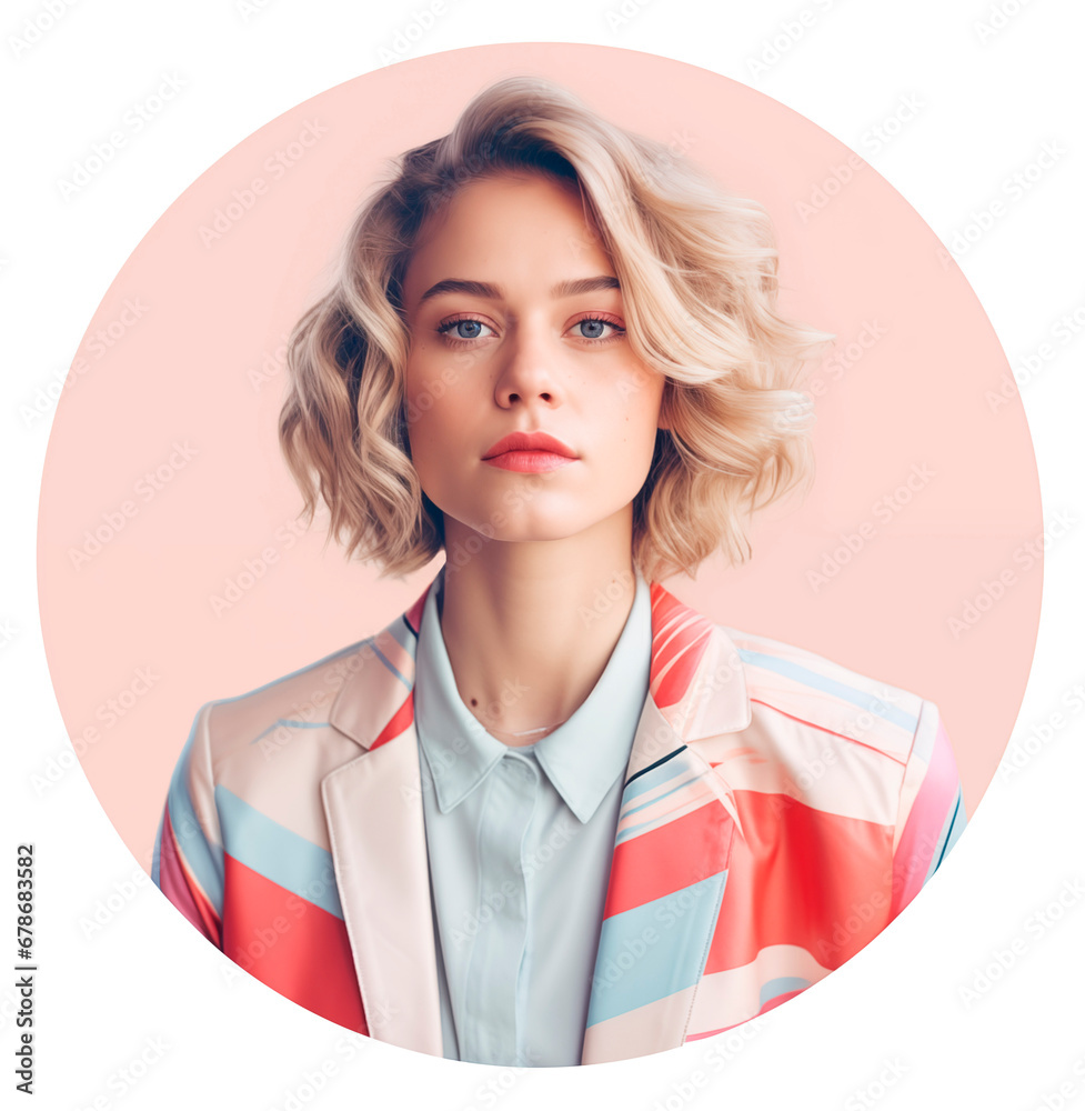 Young beautiful blonde woman with a bob in a colorful jacket. Round portrait of a modern woman with blue eyes for userpic and profile picture. Isolated on a transparent background. - obrazy, fototapety, plakaty 