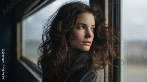 Portrait of a young woman looking out of the window