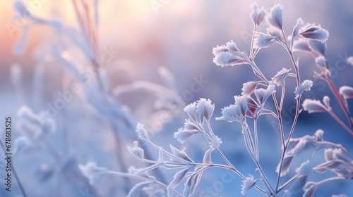Beautiful winter background with plants covered with hoarfrost.