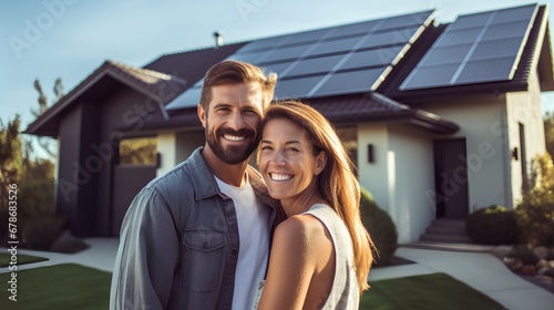 A joyful, ecoconscious couple embraces in front of their modern home equipped with efficient solar panels on the roof, symbolizing a commitment to green energy and sustainable living.