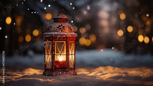 Christmas decorations with lanterns in the snow in the winter garden with beautiful bokeh