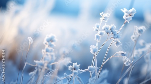 Beautiful winter background with plants covered with hoarfrost.