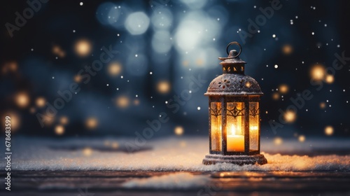 Christmas decorations with lanterns in the snow in the winter garden with beautiful bokeh