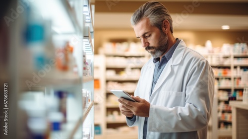 pharmacist scrolling on digital tablet checking medication walking through isles in pharmacy photo