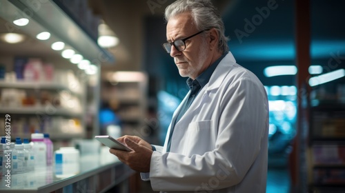pharmacist scrolling on digital tablet checking medication walking through isles in pharmacy