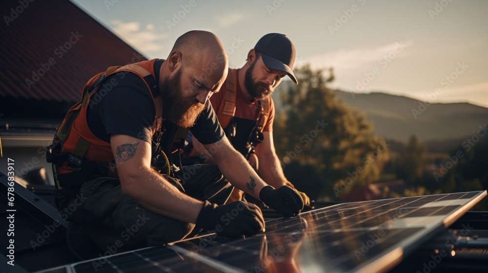 Engineers connecting cables while installing photovoltaic solar panels on roof of house. - obrazy, fototapety, plakaty 