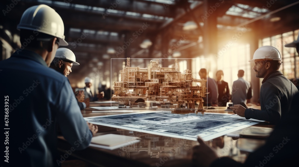 Engineering group, blueprint planning and tablet at construction site, warehouse or design development, Industry Engineering group, blueprint planning and tablet at construction site, warehouse or design development, Industry