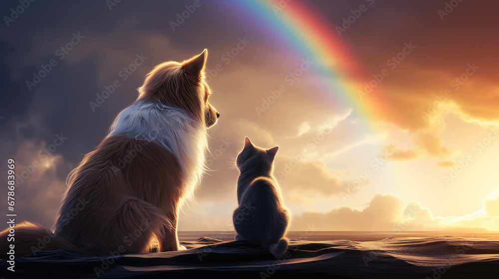 Cat and dog looking at rainbow - concept of pets passing away - obrazy, fototapety, plakaty 