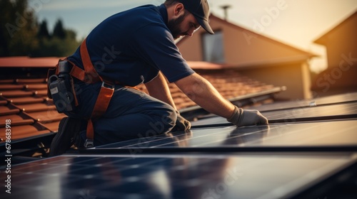 Engineers connecting cables while installing photovoltaic solar panels on roof of house.