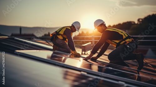 Engineers connecting cables while installing photovoltaic solar panels on roof of house. photo