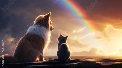Cat and dog looking at rainbow - concept of pets passing away photo