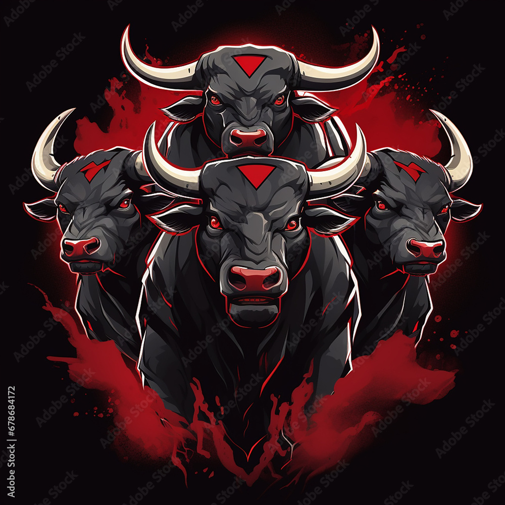 Naklejka premium logo three big angry red anime bulls stand on four hooves created with Generative Ai