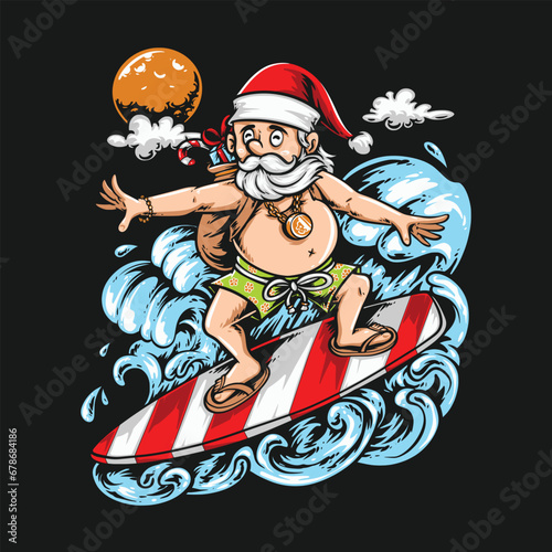 santa claus surfing on the beach illustration