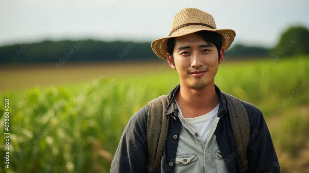 Farmer worker, Young Asian man standing in front of blurred local farm.