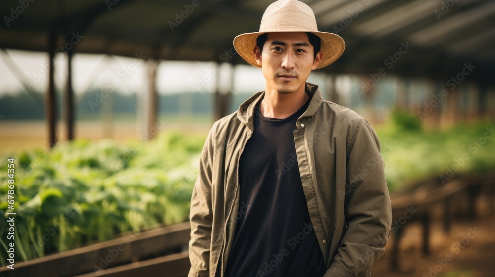 Farmer worker, Young Asian man standing in front of blurred local farm.