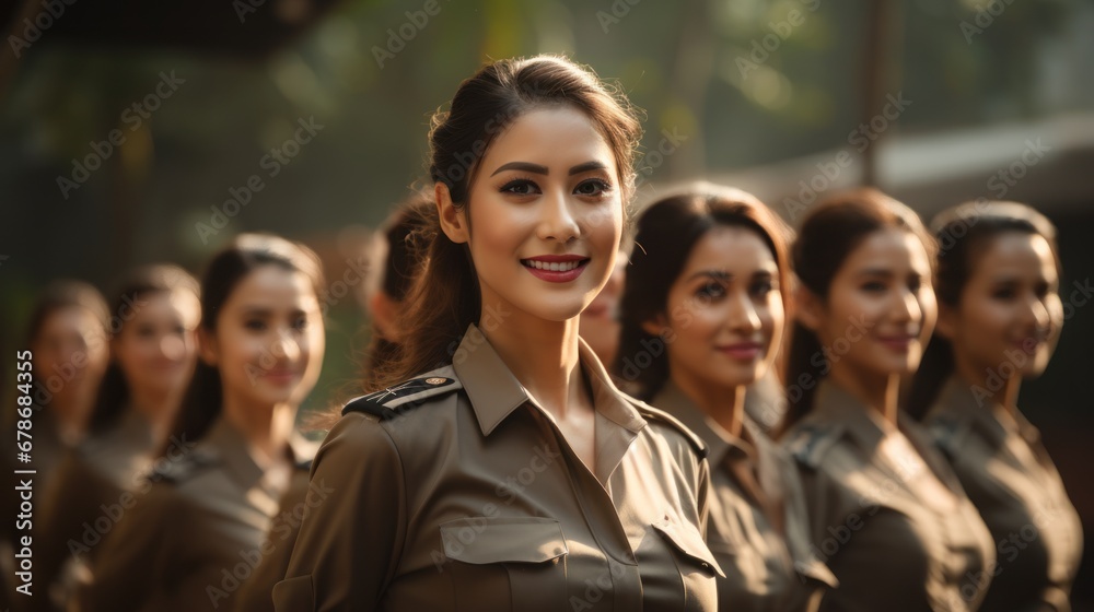 Group of Asian women in military or police uniforms standing at army ceremony Group of Asian women in military or police uniforms standing at army ceremony