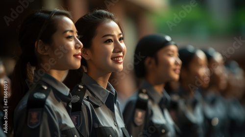 Group of Asian women in military or police uniforms standing at army ceremony photo
