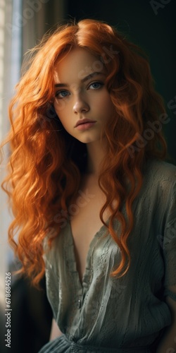 portrait of a beautiful young woman with thick red hair © grigoryepremyan