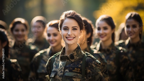 Group of young Asian women in military digital camouflage uniforms standing at army