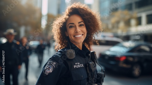 ispanic woman working as police officer or cop, closeup portrait, blurred city photo