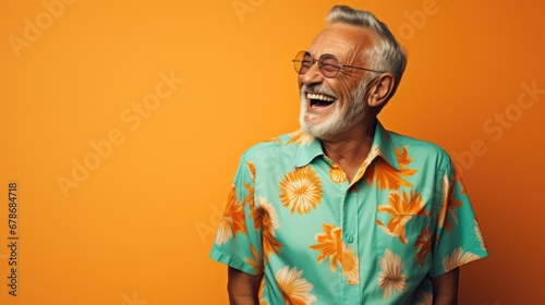 very cheerful elderly man on orange background