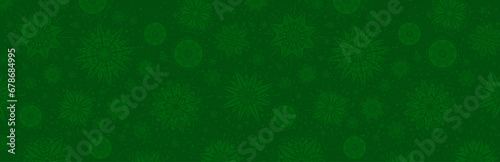 Green christmas banner with snowflakes. Merry Christmas and Happy New Year greeting banner. Horizontal new year background, headers, posters, cards, website.Vector illustration