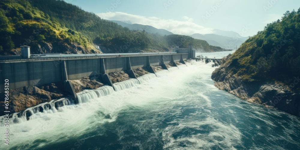 Hydroelectric power dam on a river in mountains, aerial view.